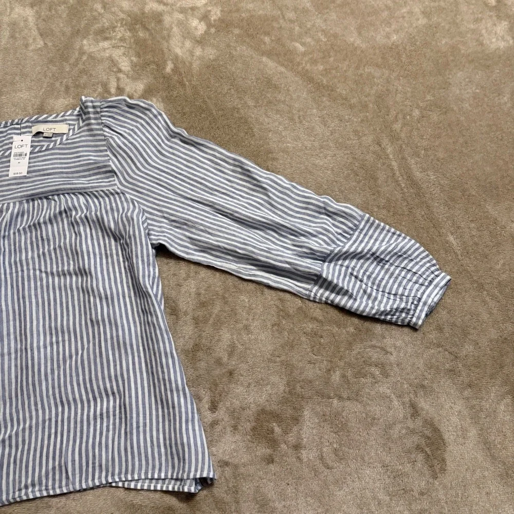 LOFT Womens Blue White Striped Rayon Linen Blouse Top Size M NEW